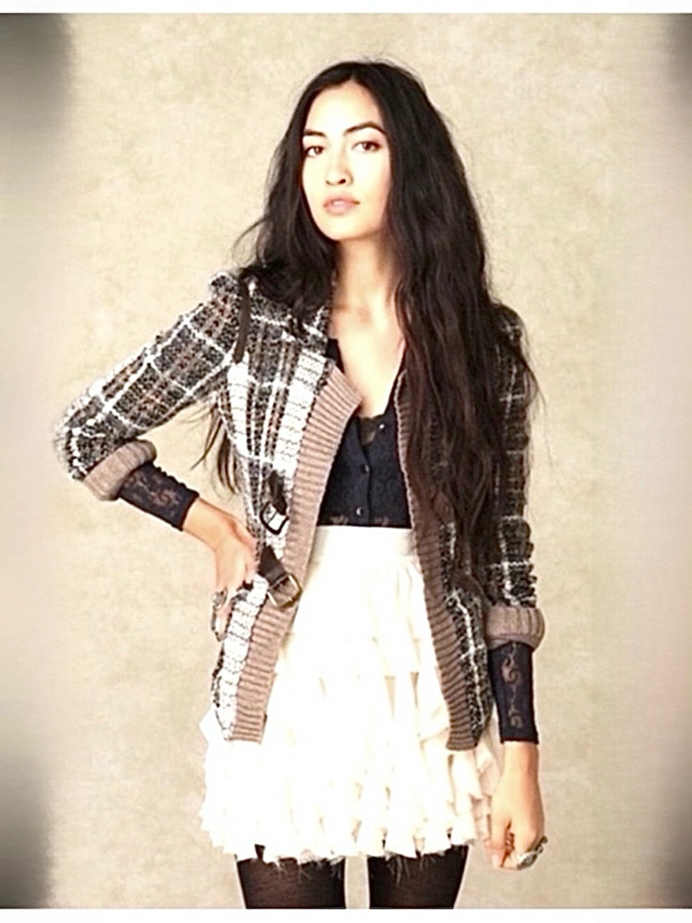FREE PEOPLE ~ Brown Plaid Knit/Tweed Shacket with Buckle Details size 6